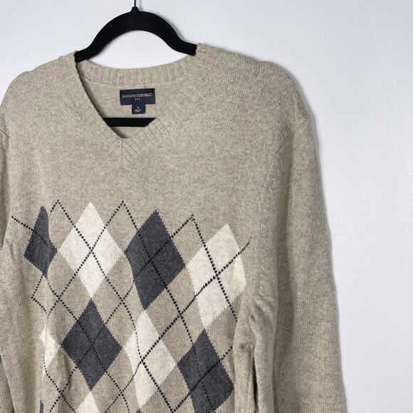 Banana Republic Mens M Taupe Cream Argyle V Neck Cotton Wool Sweater Pullover - Picture 3 of 7